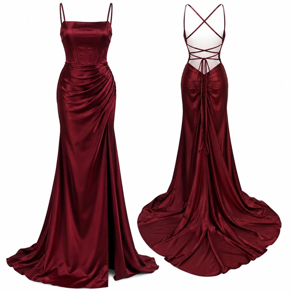 Stacees Burgundy Oxblood Satin Lace Up Back Prom Gown Train Size 0